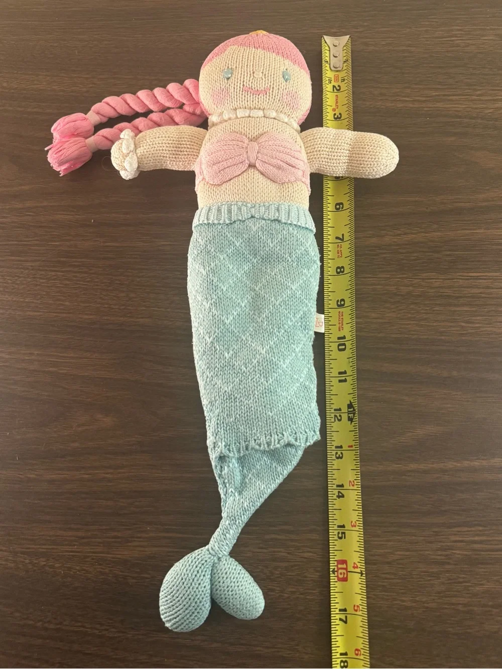Zubels Knit Mermaid Plush Doll 16” Pink Blue Cotton Stuffed Toy Baby Lovey